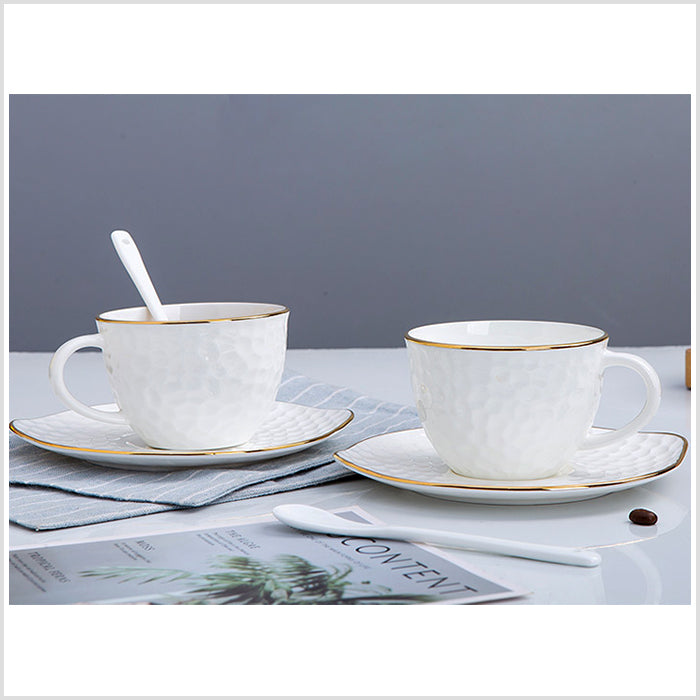 Bone China Tea Cup & Saucer - Gold Rimmed on Golf Shaped Surface