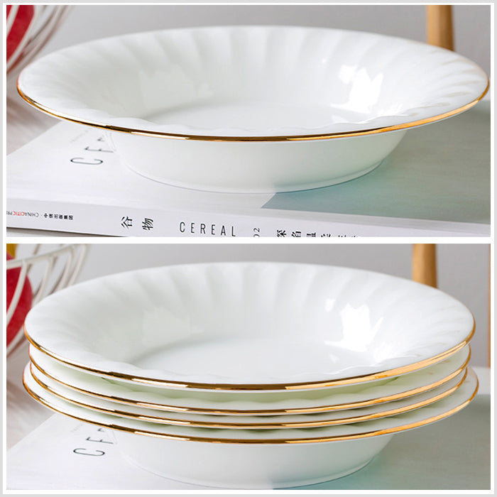 Bone China Deep Plate - Ribbed Front Edge & Gold Rim