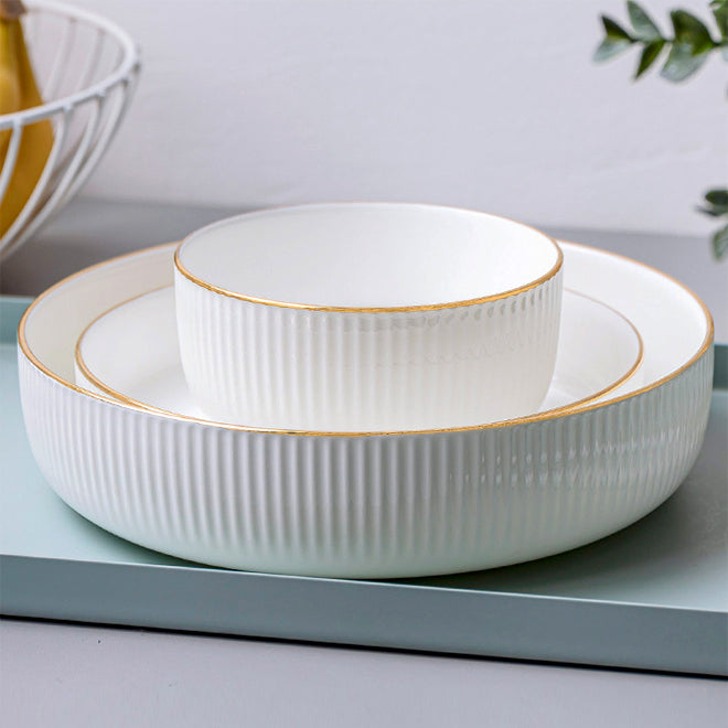 Bone China Dinnerware - Ribbed Plate with Gold Rim