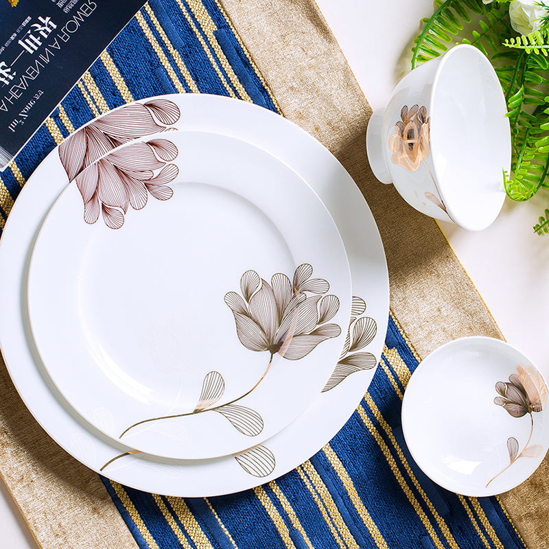 Bone China Dinnerware Set - Abstract Floral Design in Gold