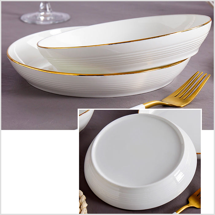 Bone China Round Plate - Horizontal Ridges & Gold Rim