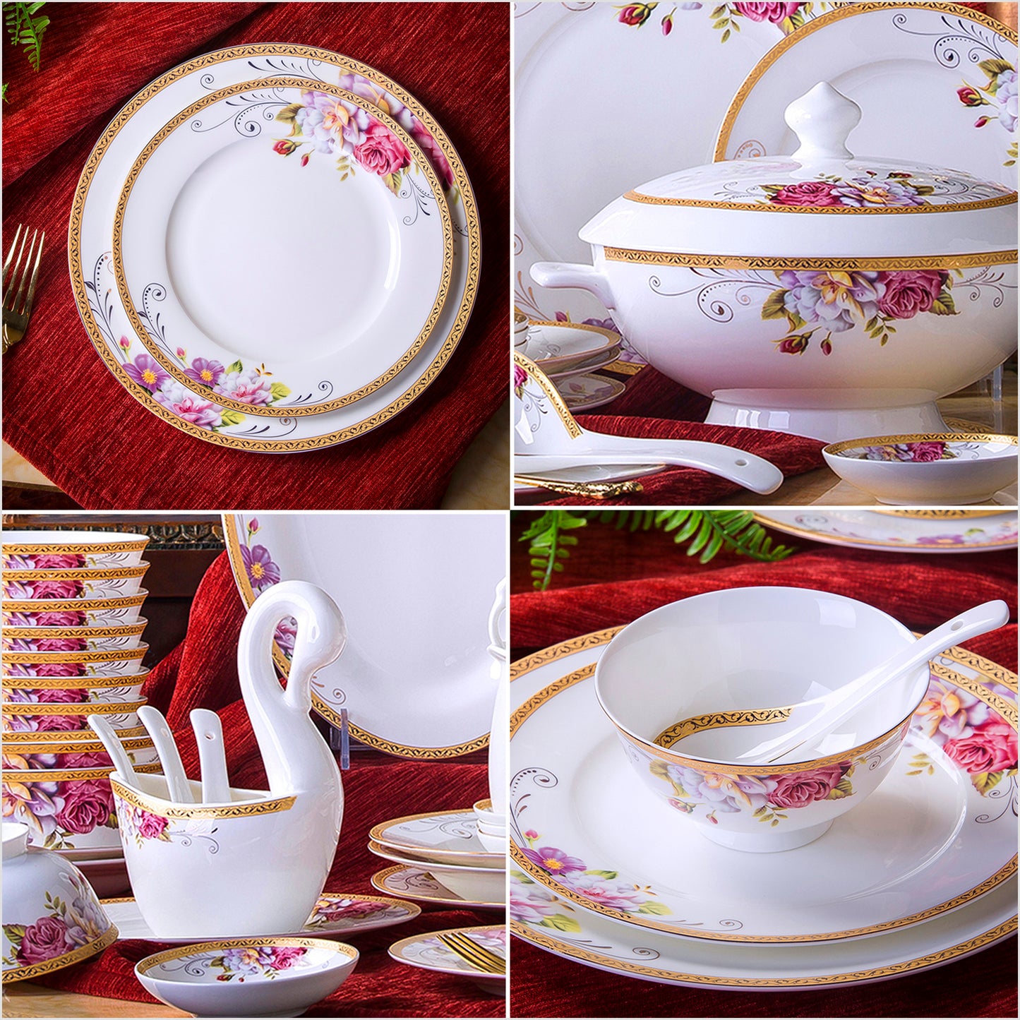 Bone China Dinnerware Set - Colorful Floral Motif & Decorative Rim