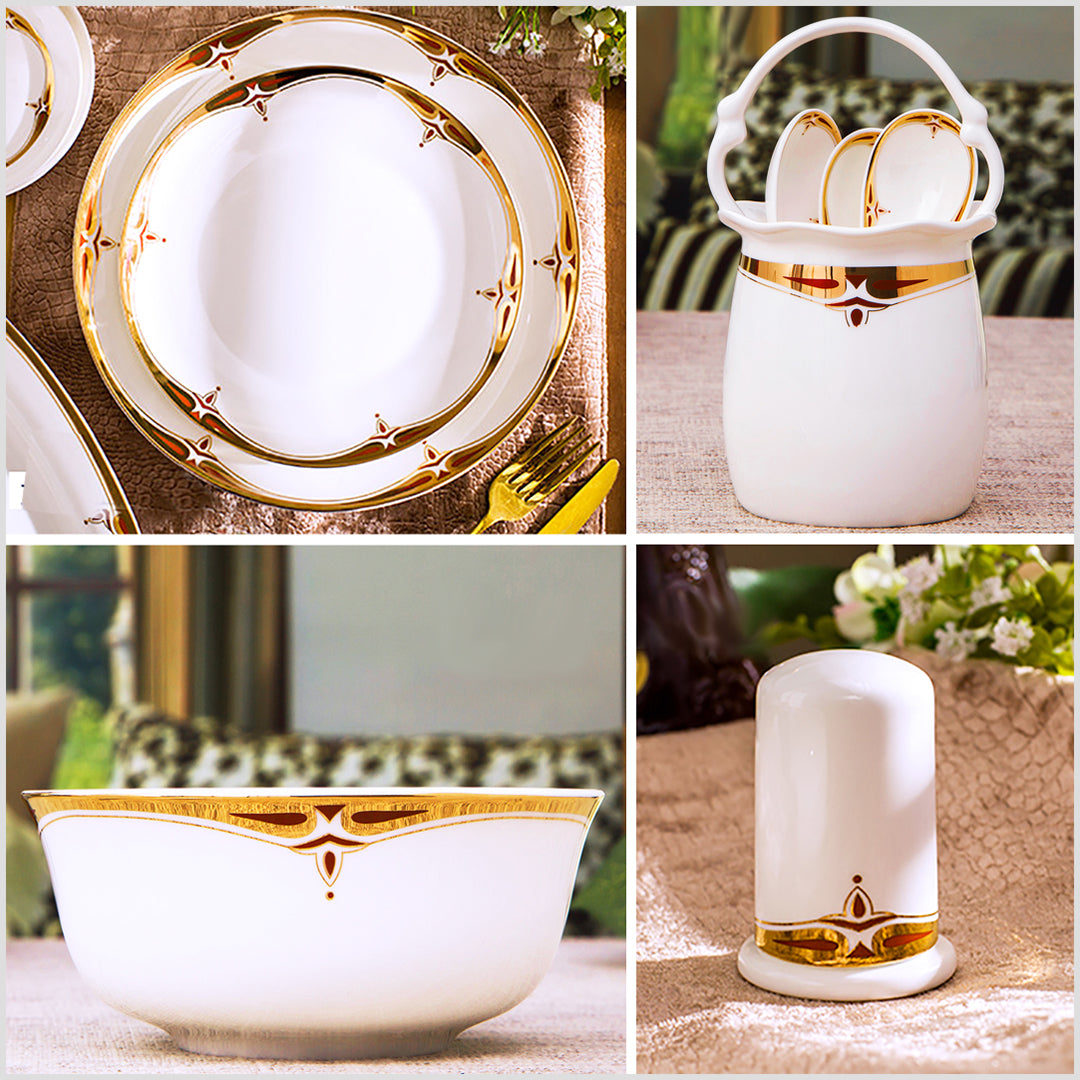 Bone China Dinnerware Set - Decorative Rim in Gold & Rich Colors