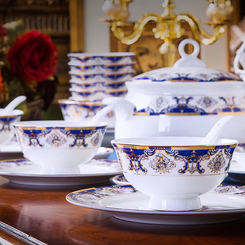 Bone China Dinnerware Set - Gold Inlay of Decorative Motif in Blue