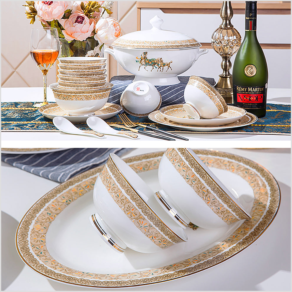 Bone China Dinnerware Set - Brown Decorative Rim & Horse Motif