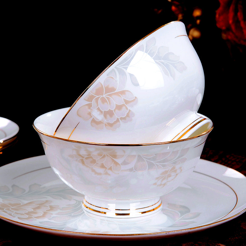 Bone China Dinnerware Set - Floral Motif in Pale Colors with Gold Rim