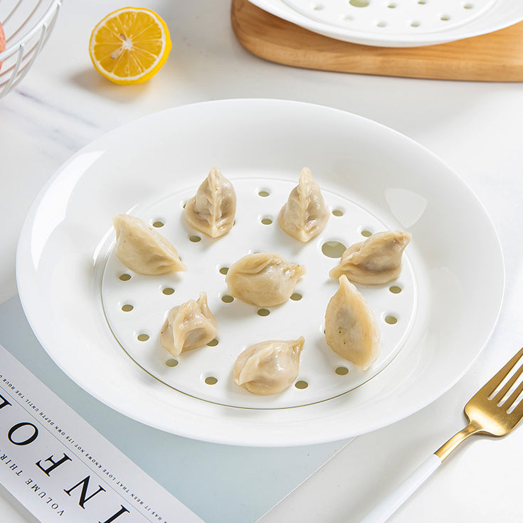 Bone China Dumpling Plate with Strainer - in Creamy White