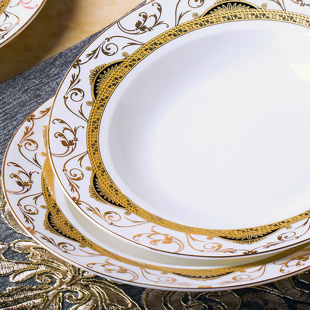 Bone China Dinnerware Set - Decorative Rim in Gold, Yellow & Black