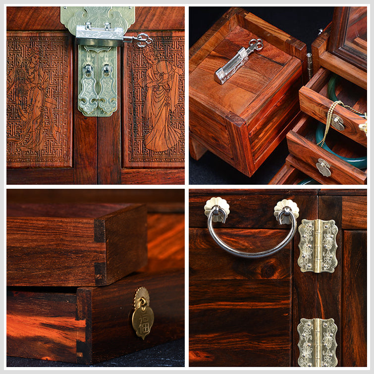 Rosewood Jewelry Box - with Lid, Mirror and 6 Drawers