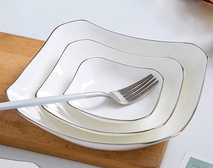 Bone China Dishes with Silver Rim. Upgrade Dining Experience with Specific Collection Plates.