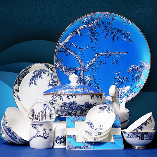 Luxury Bone China Dining Ware Collection - Enameling of Landscape Design in Gradient Blue