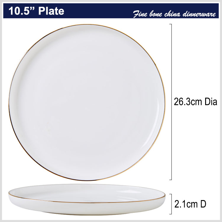 Bone China Dinnerware - Round Plate with Gold Rim