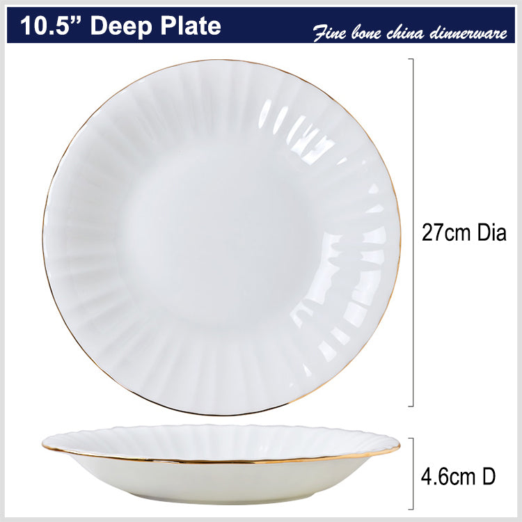 Bone China Round Plate - Ribbed Front Edge & Gold Rim