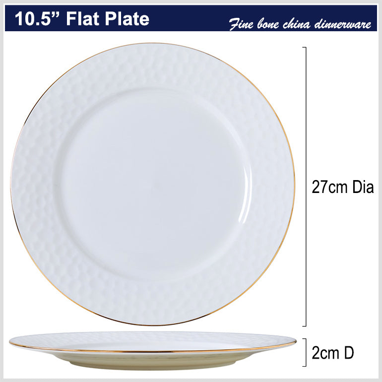 Bone China Round Plate - Golf Shaped Surface & Gold Rim