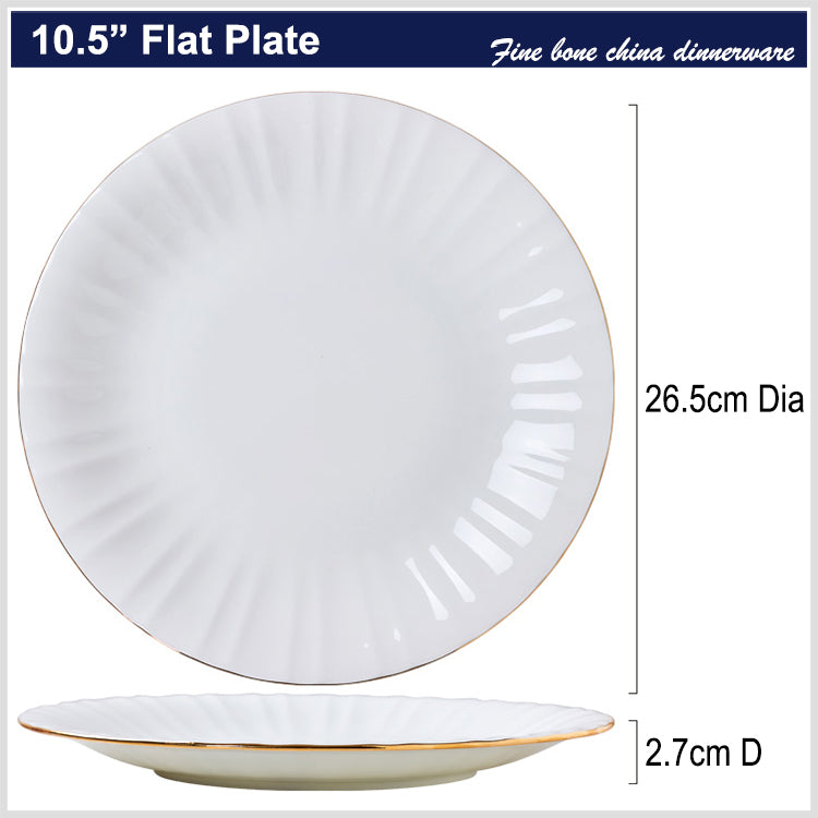 Bone China Round Plate - Ribbed Front Edge & Gold Rim