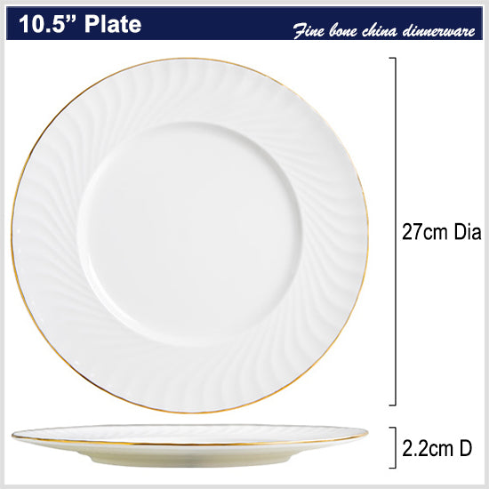 Bone China Dinner Plate - Ribbed Front Edge & Gold Rim