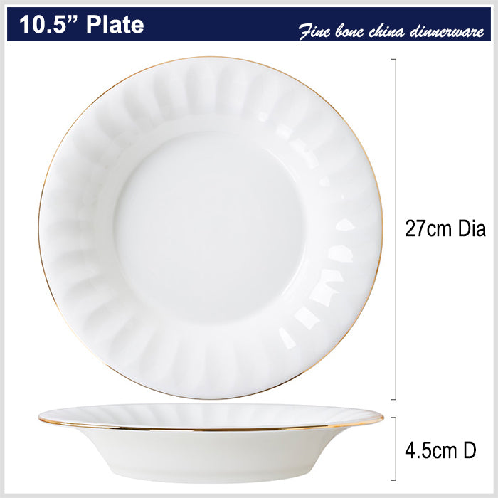 Bone China Deep Plate - Ribbed Front Edge & Gold Rim