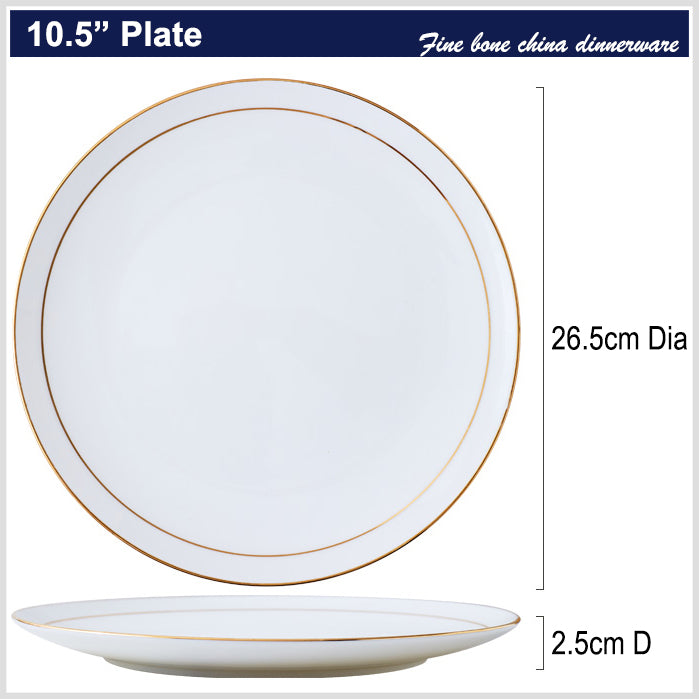 Bone China Dinnerware - Flat Plate with Gold Rim