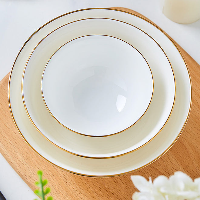 Bone China Round Bowl - White with Gold Rim & Foot