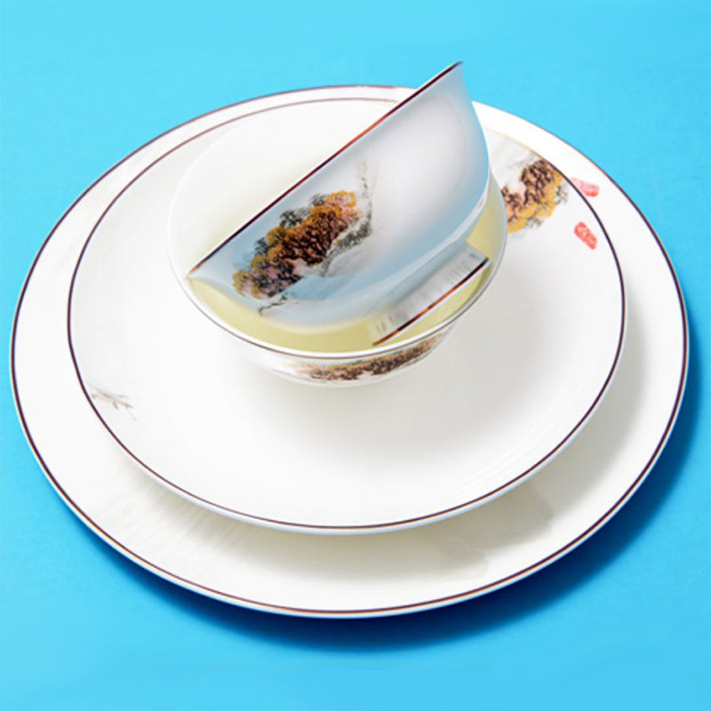 Luxury Bone China Dining Ware Collection - Embossed Gold & Enameling of Landscape Motif