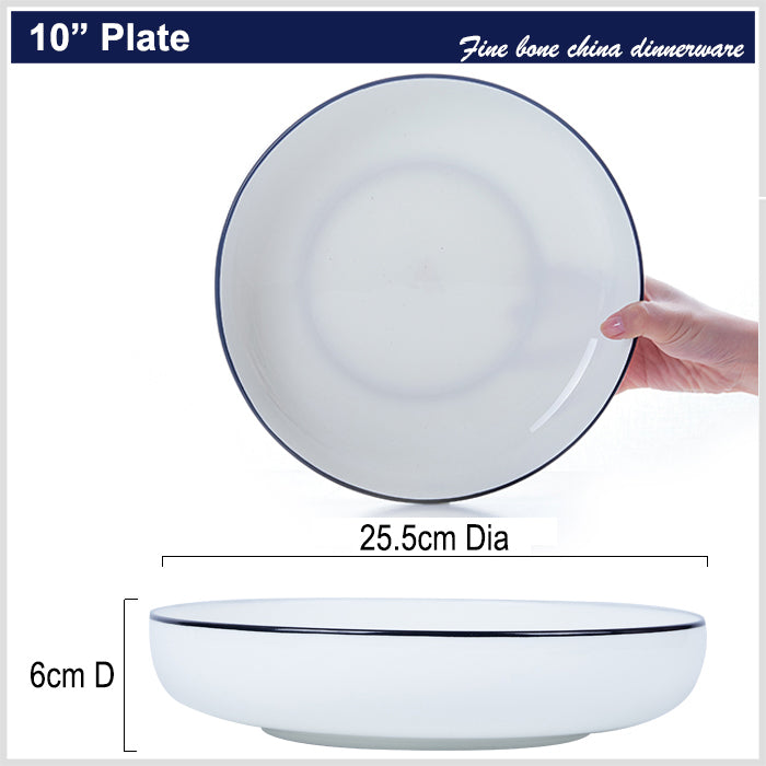 Bone China Round Plate - White with Black Rim