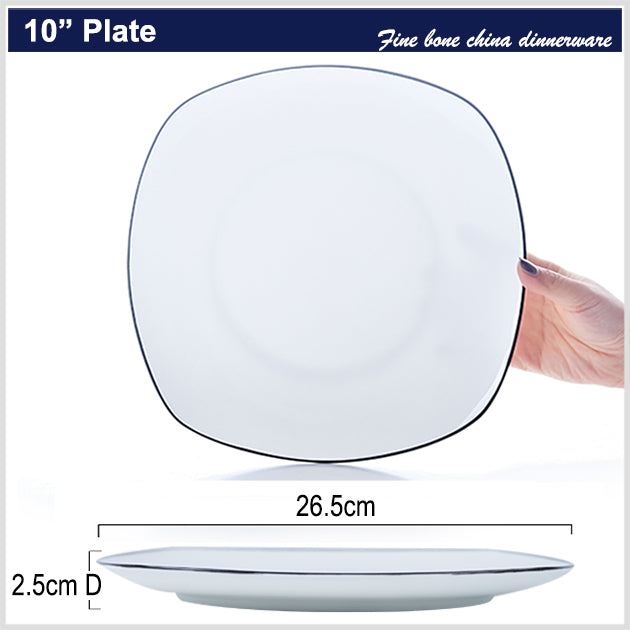 Bone China Flat Plate - Square Shaped with Black Rim