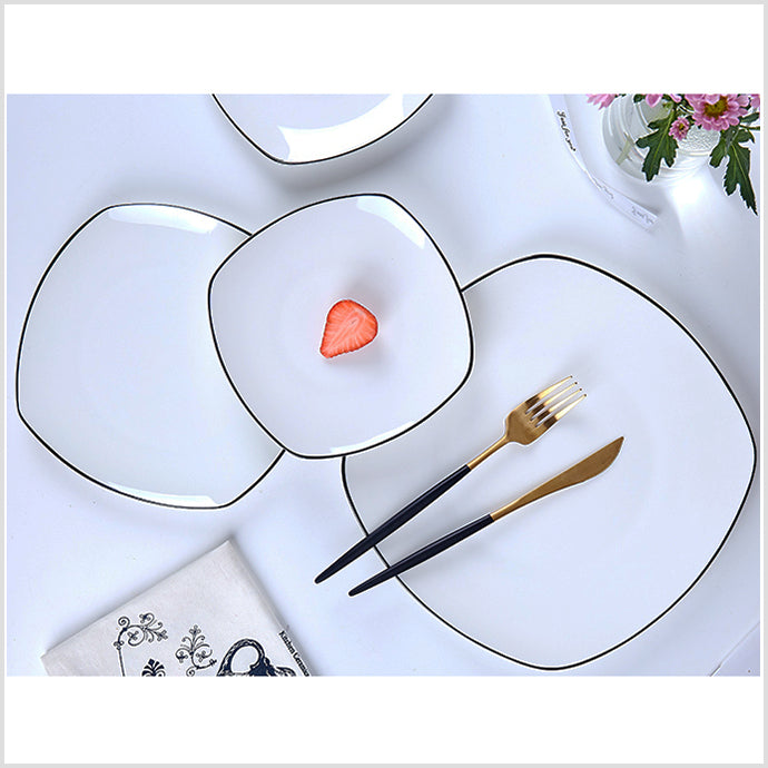 Bone China Flat Plate - Square Shaped with Black Rim