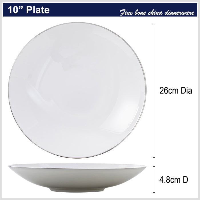 Bone China Round Plate - White with Silver Rim