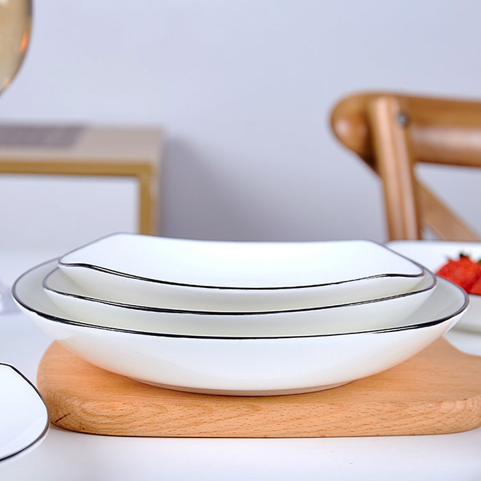 Bone China Deep Plate - Square Shaped with Black Rim