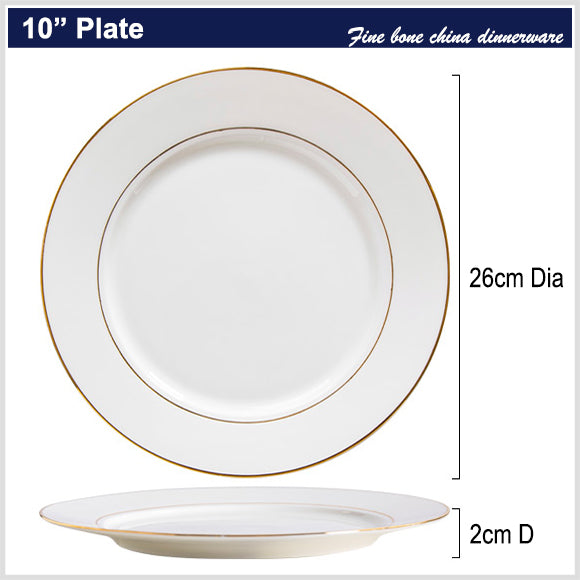 Bone China Flat Plate - White with Gold Rim