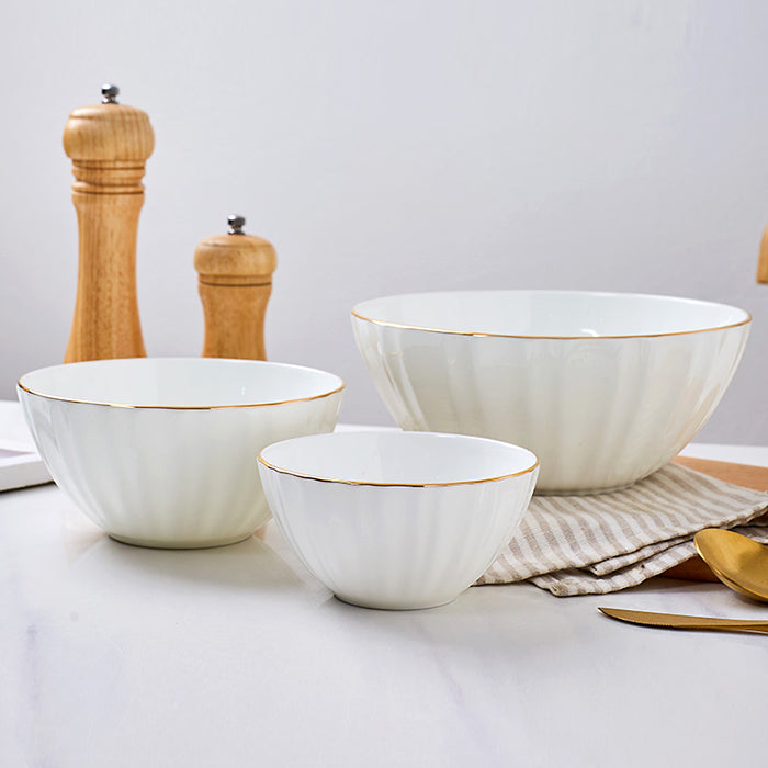 Bone China Ribbed Bowl - White with Gold Rim