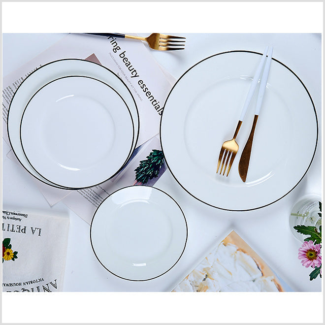 Bone China Flat Plate - White with Black Rim
