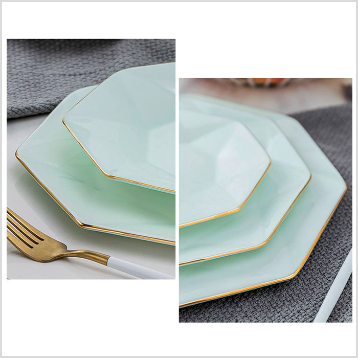 Bone China Celadon Dinnerware - Octagon Plate with Gold Rim