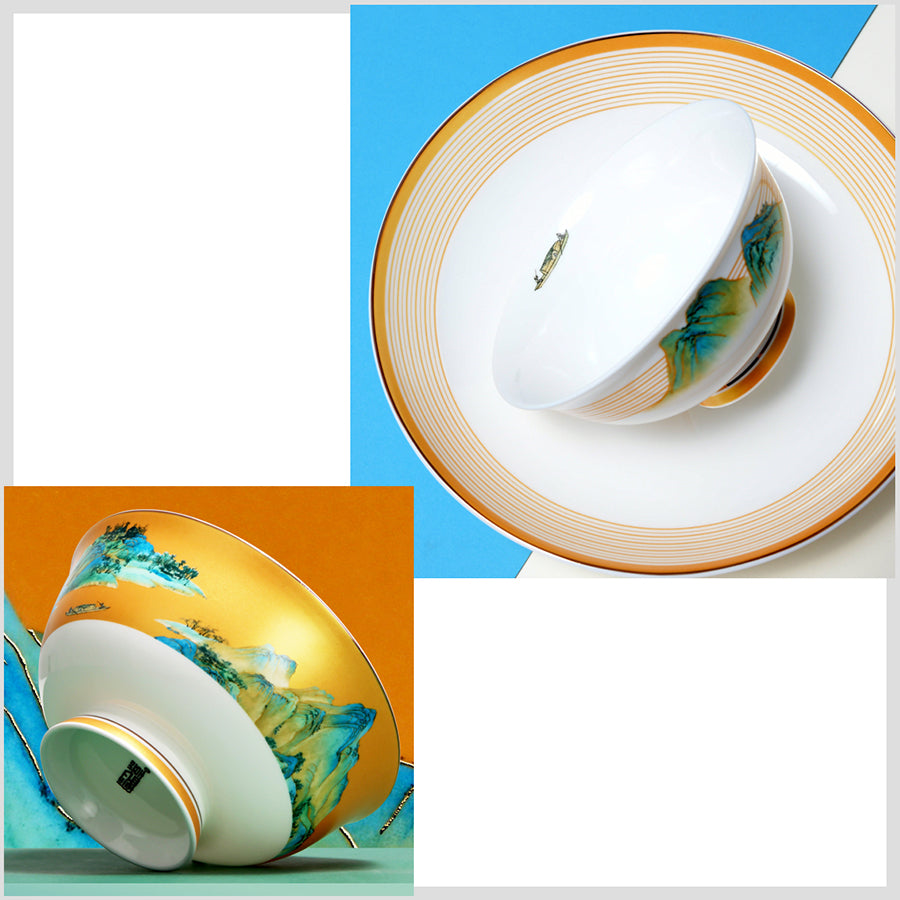 Luxury Bone China Dining Ware Collection - Embossed Gold on Enameling of Landscape Motif with Yellow Background