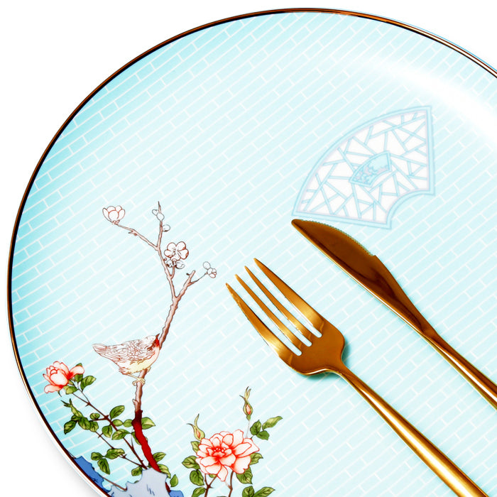 Luxury Bone China Dining Ware Collection - Embossed Gold on Enameling of Floral Motif with Blue Background