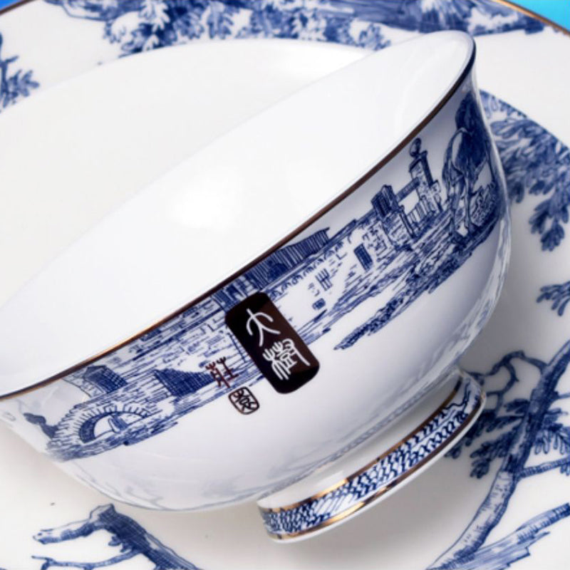 Luxury Bone China Dining Ware Collection - Enameling of Landscape Design in Gradient Blue