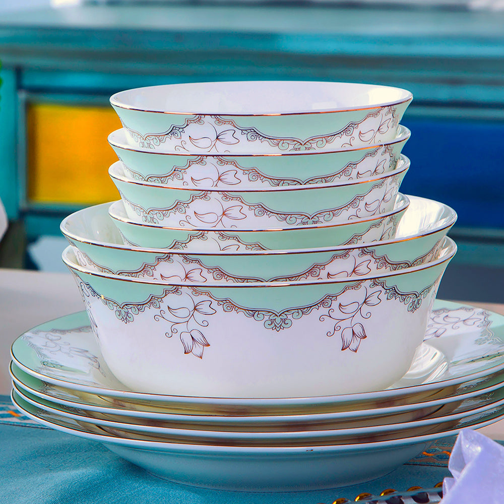 Bone China Dinnerware Set - Decorative Pattern in Pale Blue
