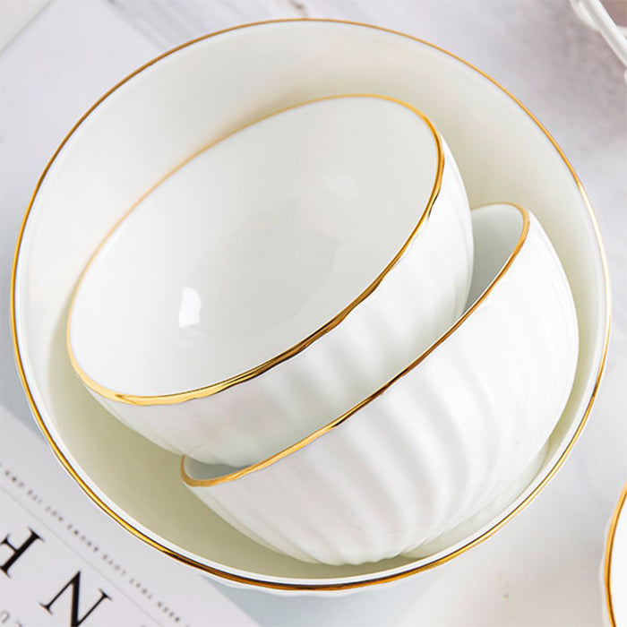 Bone China Round Bowl - Curved Ridges & Gold Rim