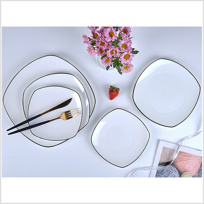 Bone China Flat Plate - Square Shaped with Black Rim