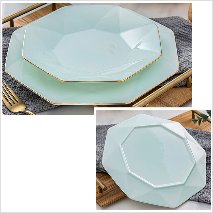 Bone China Celadon Dinnerware - Octagon Plate with Gold Rim