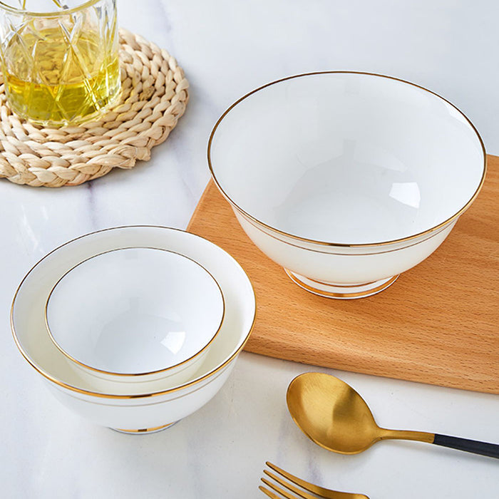 Bone China Round Bowl - White with Gold Rim & Foot