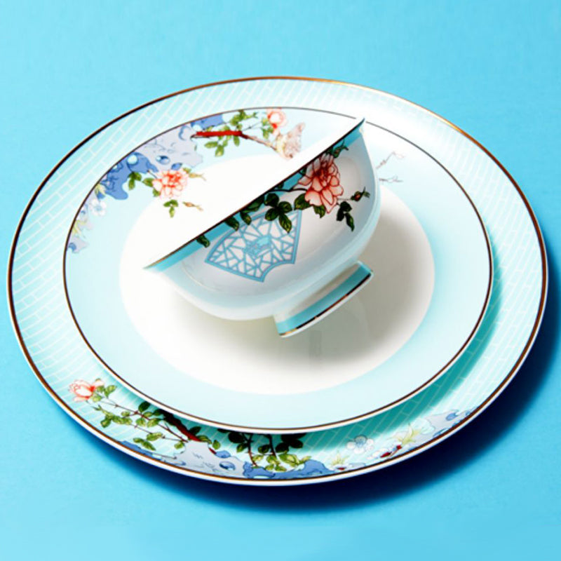 Luxury Bone China Dining Ware Collection - Embossed Gold on Enameling of Floral Motif with Blue Background