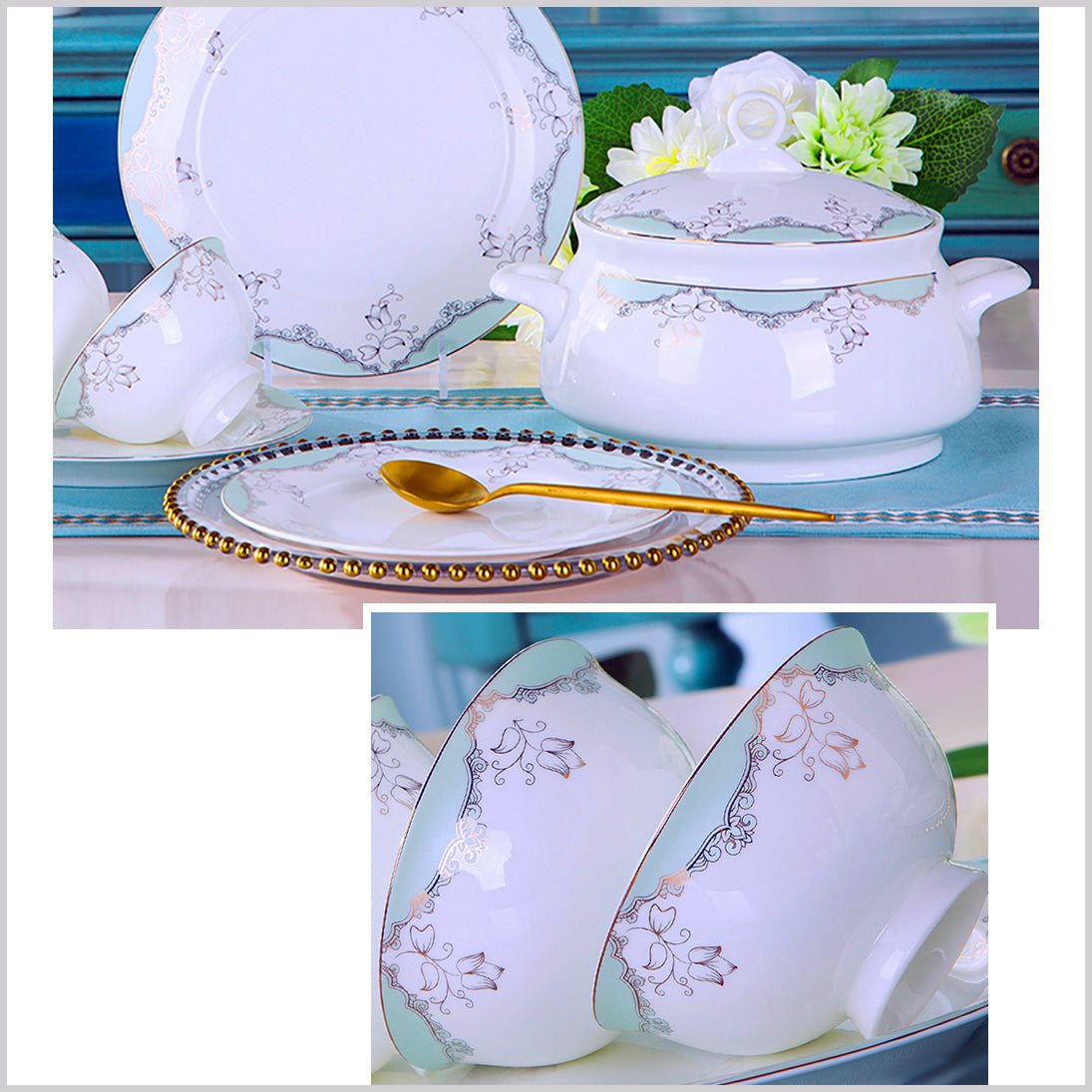 Bone China Dinnerware Set - Decorative Pattern in Pale Blue