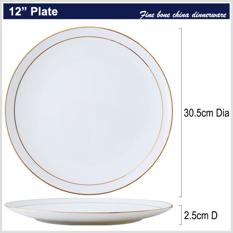 Bone China Dinnerware - Flat Plate with Gold Rim