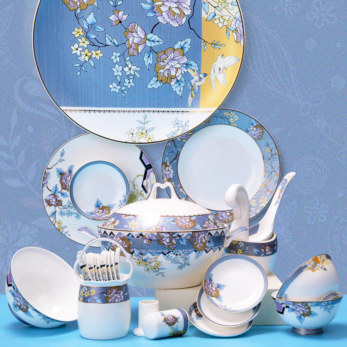 Luxury Bone China Dining Ware Collection - Enameling of Floral Motif in Blue