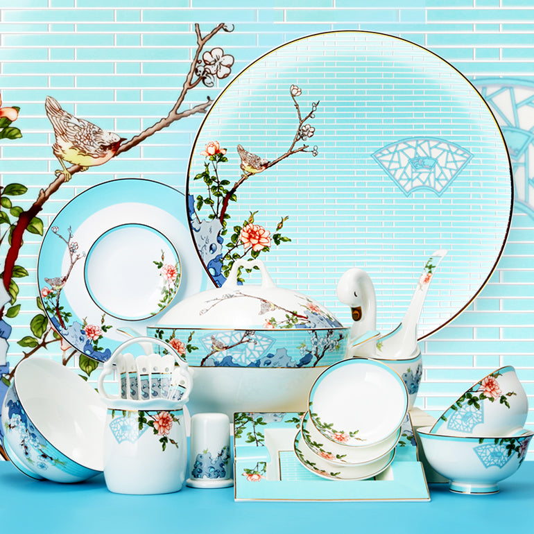 Luxury Bone China Dining Ware Collection - Embossed Gold on Enameling of Floral Motif with Blue Background