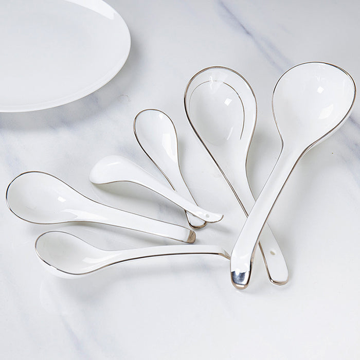 Bone China Spoon Set - White with Silver Rim