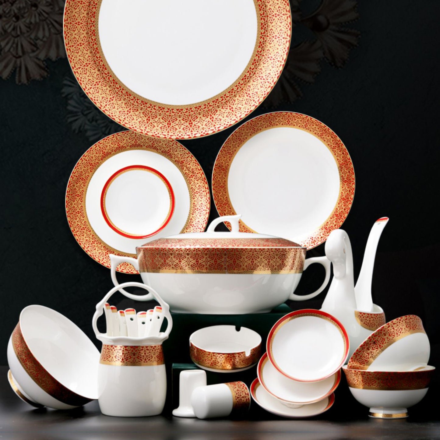 Luxury Bone China Dining Ware Collection - Embossed Gold & Enameling in Red