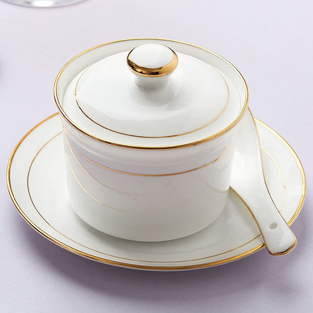 Bone China Stew Pot W/ Lid & Spoon - Gold Rimmed