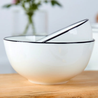 Bone China Round Bowl - White with Black Rim & Foot